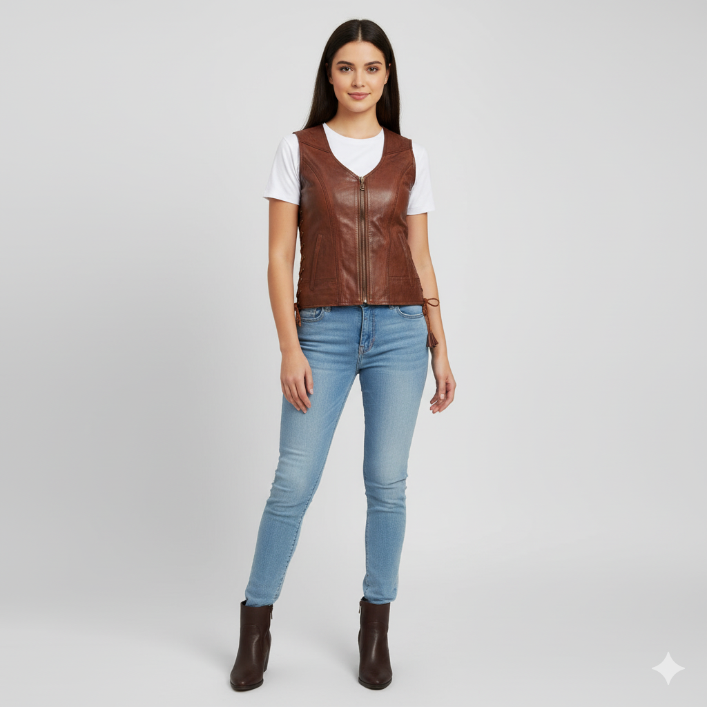 Women's brown leather V-neck vest with a full-length front zipper and decorative/adjustable lacing on the sides.